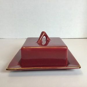 Vintage H. J. WOOD LTD Burslem England Ceramic Maroon Burgundy Butter Dish